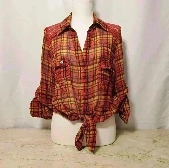Excuse Me Miss Juniors Orange/Gold/Maroon/Black Plaid Polyester Blouse Large - Picture 1 of 9